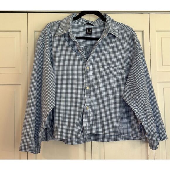 Gap oversized blue gingham cropped altered button down blouse large - Picture 2 of 8